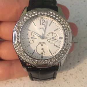 Black Leather Guess Watch with Diamonds